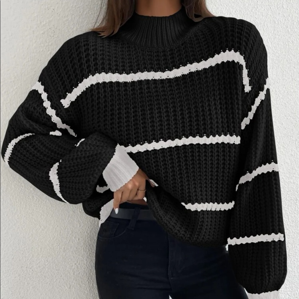 Boho knit striped mock neck sweater